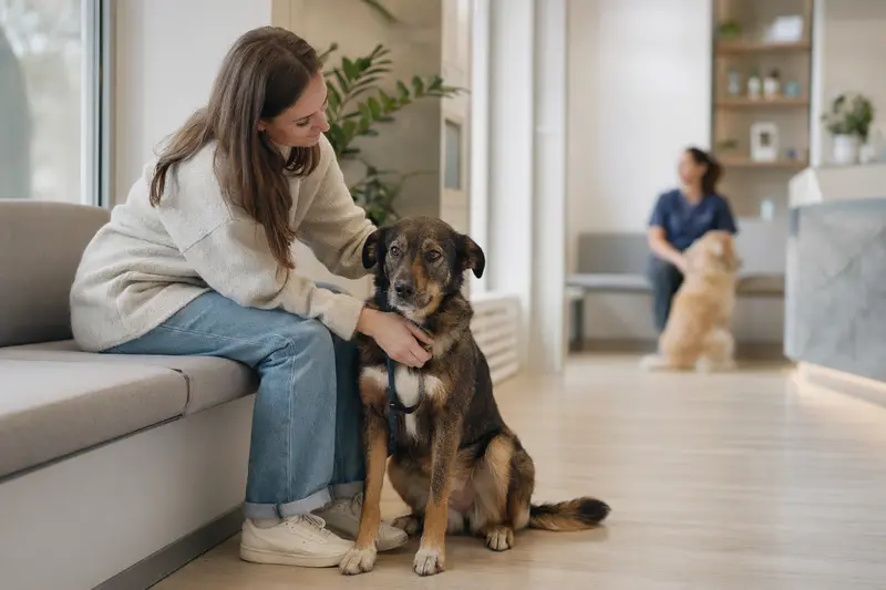 Ein Coban-Hirtenhund sitzt ruhig neben seinem Besitzer im hellen Wartezimmer einer modernen Tierarztpraxis.